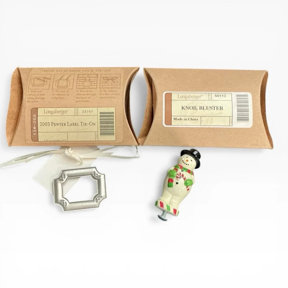 Longaberger Pewter Label Tie On‎ 2003 + Bluster Snowman Knob Set NIB